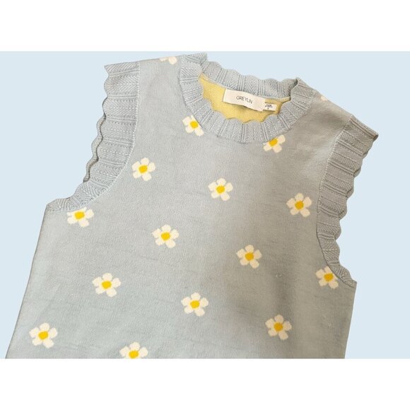 ANTHROPOLOGIE / GREYLIN Baby Blue Daisy Floral Sweater Vest Scalloped Hems Sz S - Picture 2 of 7